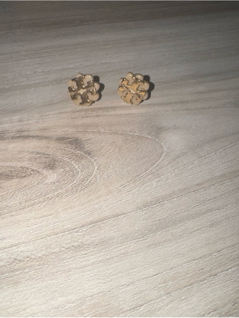 Tory Burch Beige and Gold Logo Stud Earrings
